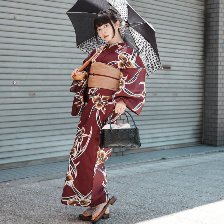 utatane 高級変わり織 浴衣3点セット（浴衣・帯・下駄）紫に伸びやかな