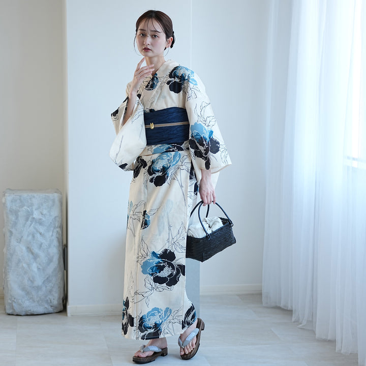 utatane 高級変わり織 浴衣3点セット（浴衣・帯・下駄）ベージュに涼風