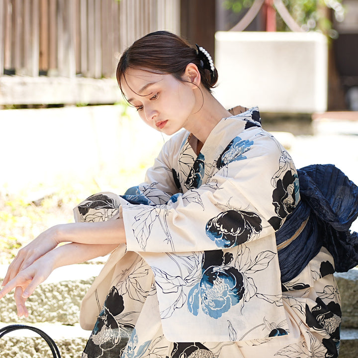 utatane 高級変わり織 浴衣3点セット（浴衣・帯・下駄）ベージュに涼風