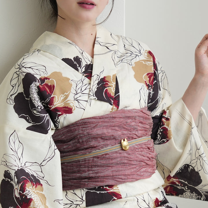 高級変わり織 浴衣3点セット（浴衣・帯・下駄）クリームに淡墨ほの紅