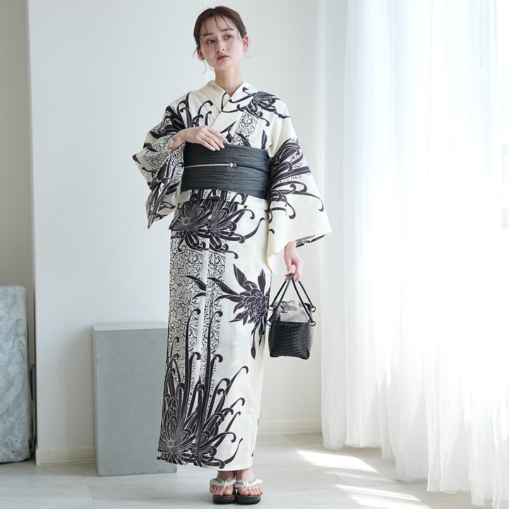 utatane 高級変わり織 浴衣3点セット（浴衣・帯・下駄）きなりに粋紫の