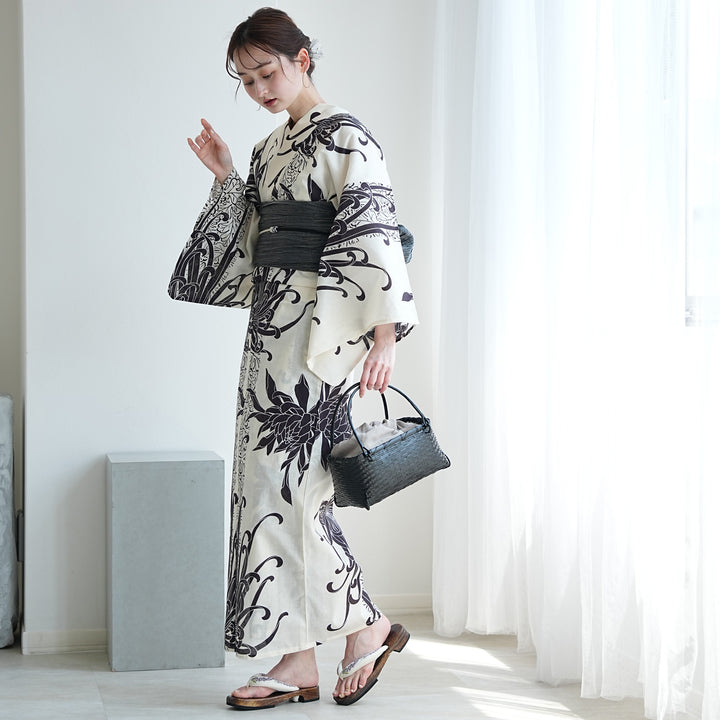 utatane 高級変わり織 浴衣3点セット（浴衣・帯・下駄）きなりに粋紫の