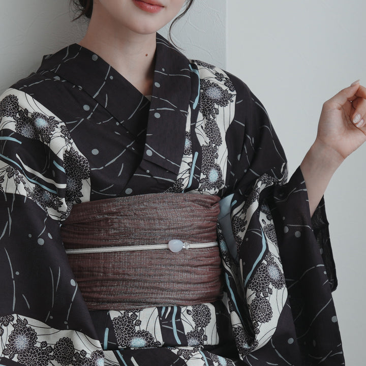 高級変わり織 浴衣3点セット（浴衣・帯・下駄）焦げ鳶色に片寄せ菊