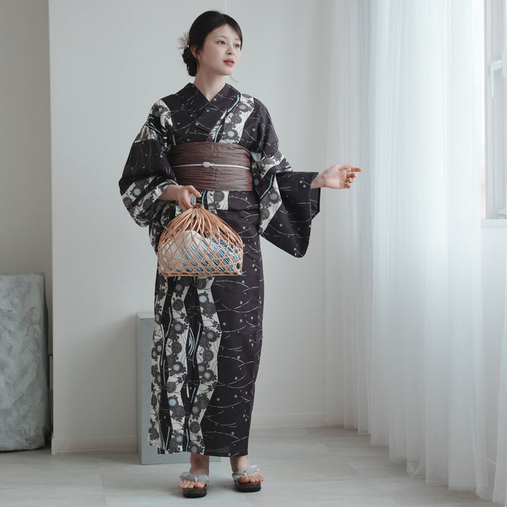 高級変わり織 浴衣3点セット（浴衣・帯・下駄）焦げ鳶色に片寄せ菊
