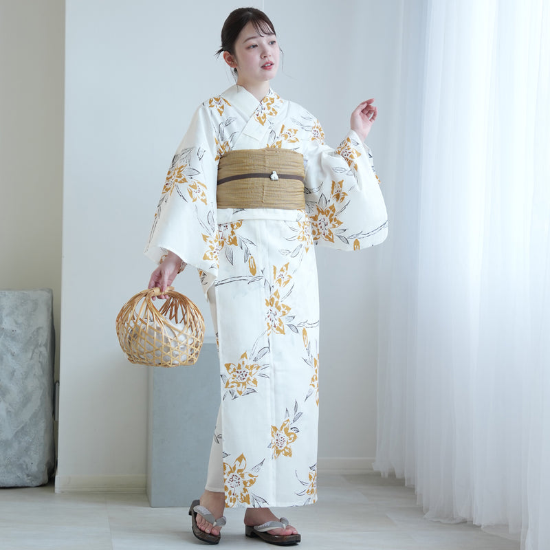 utatane 高級変わり織 浴衣3点セット（浴衣・帯・下駄）白地に