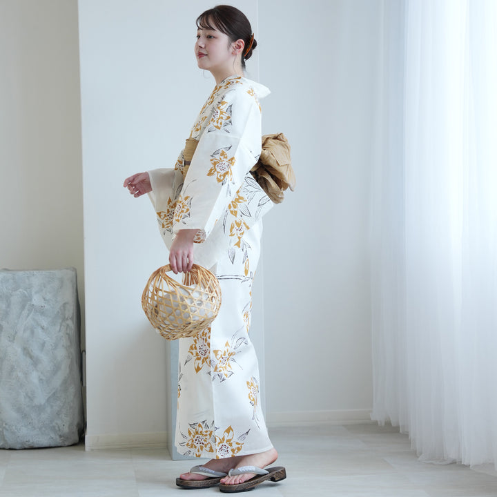 utatane 高級変わり織 浴衣3点セット（浴衣・帯・下駄）白地に