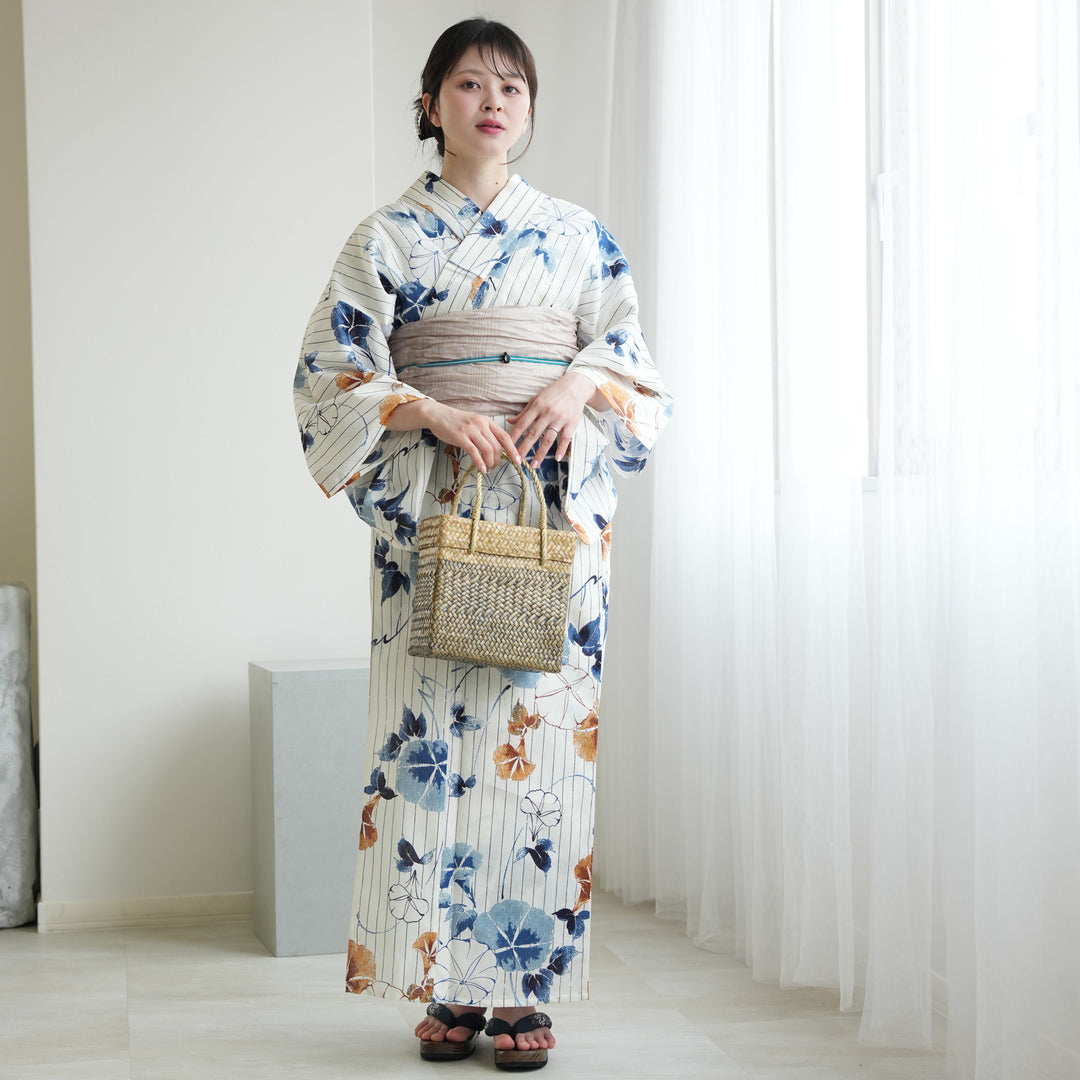 高級変わり織 浴衣3点セット（浴衣・帯・下駄）つゆくさ色の雨縞