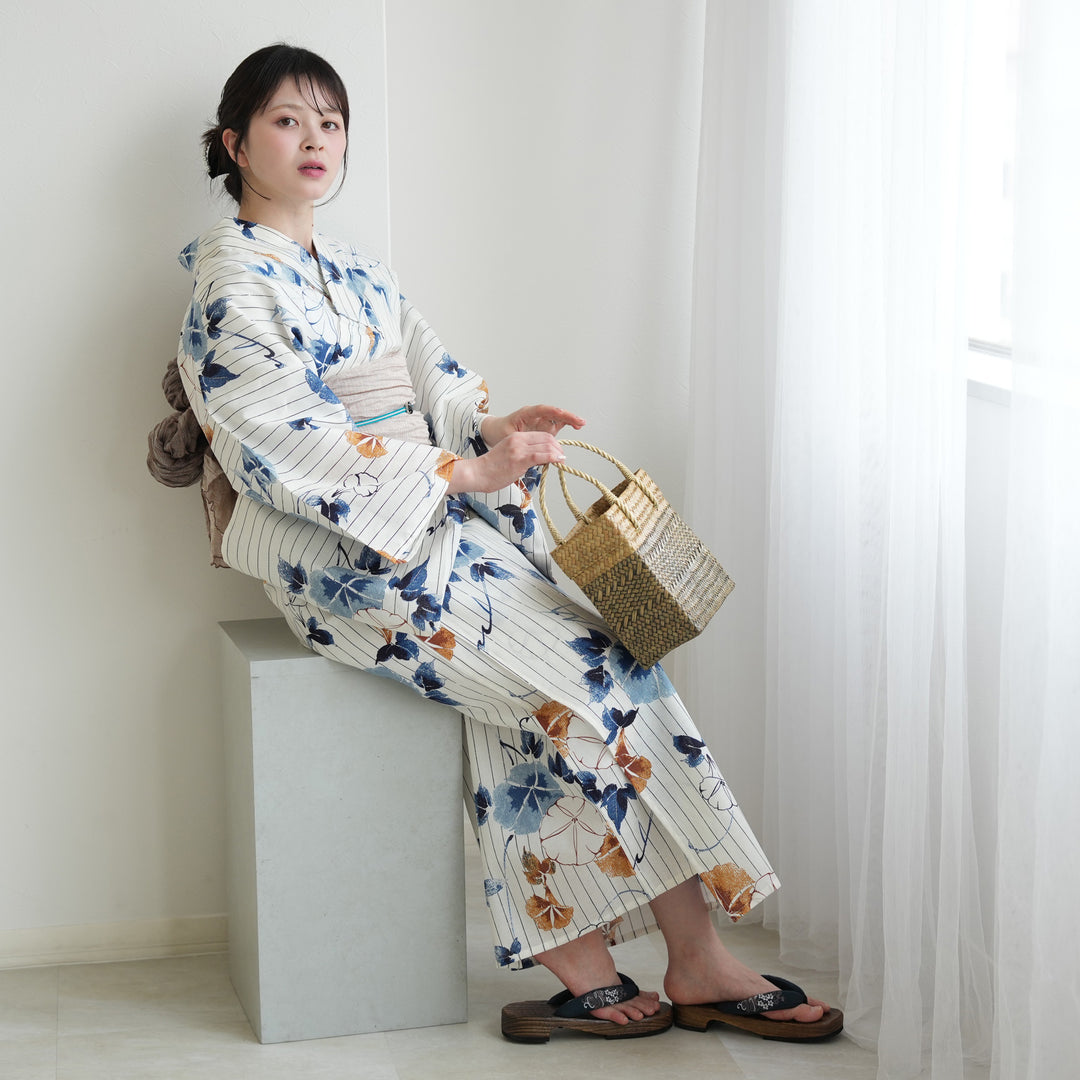 高級変わり織 浴衣3点セット（浴衣・帯・下駄）つゆくさ色の雨縞