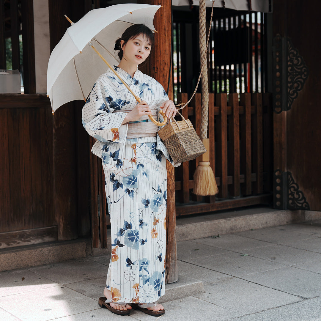 高級変わり織 浴衣3点セット（浴衣・帯・下駄）つゆくさ色の雨縞