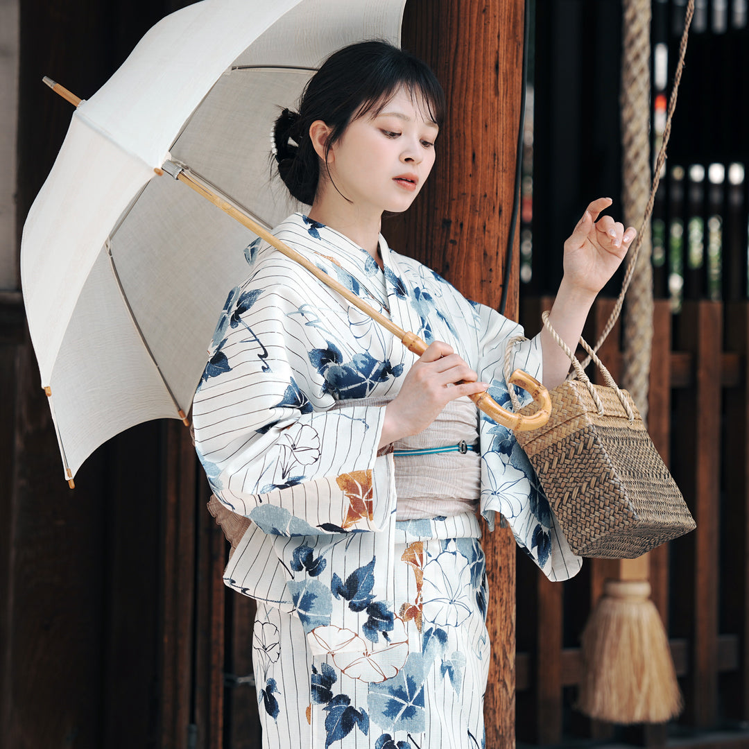 高級変わり織 浴衣3点セット（浴衣・帯・下駄）つゆくさ色の雨縞