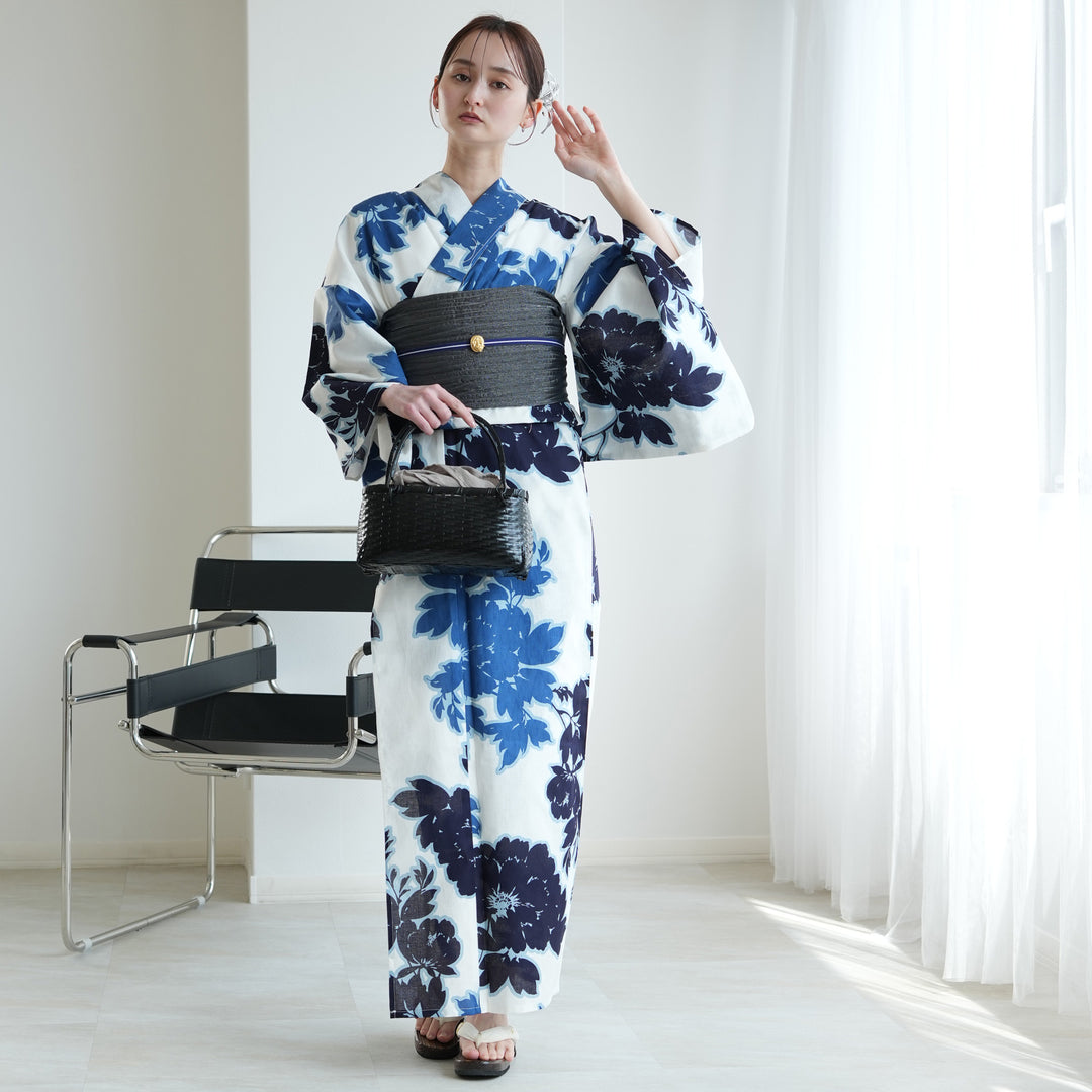 高級変わり織 浴衣3点セット（浴衣・帯・下駄）藍の静寂・大輪更紗