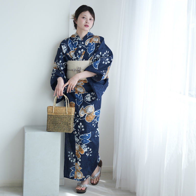 高級変わり織 浴衣3点セット（浴衣・帯・下駄）葡萄葉の月の雫