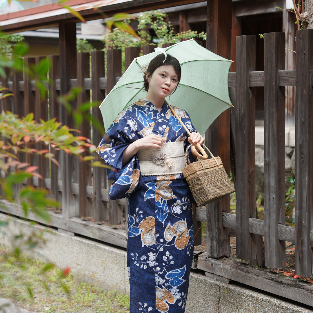 高級変わり織 浴衣3点セット（浴衣・帯・下駄）葡萄葉の月の雫