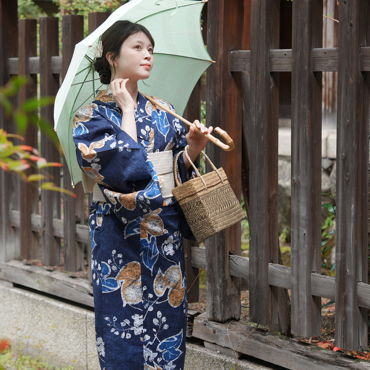 utatane 浴衣、帯、下駄セット　ブルー 高級変わり織 浴衣3点セット（浴衣・帯・下駄）葡萄葉の月の雫