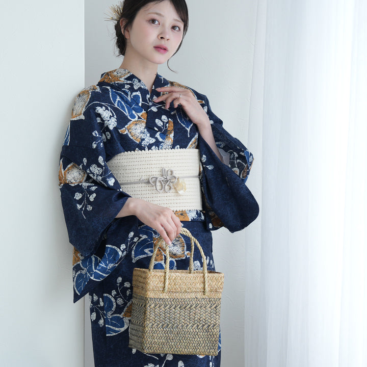 特価　浴衣＋小袋帯（utatane）＋着付けセット＋下駄＋かごバッグ　フルセット 高級変わり織 浴衣3点セット（浴衣・帯・下駄）葡萄葉の月の雫