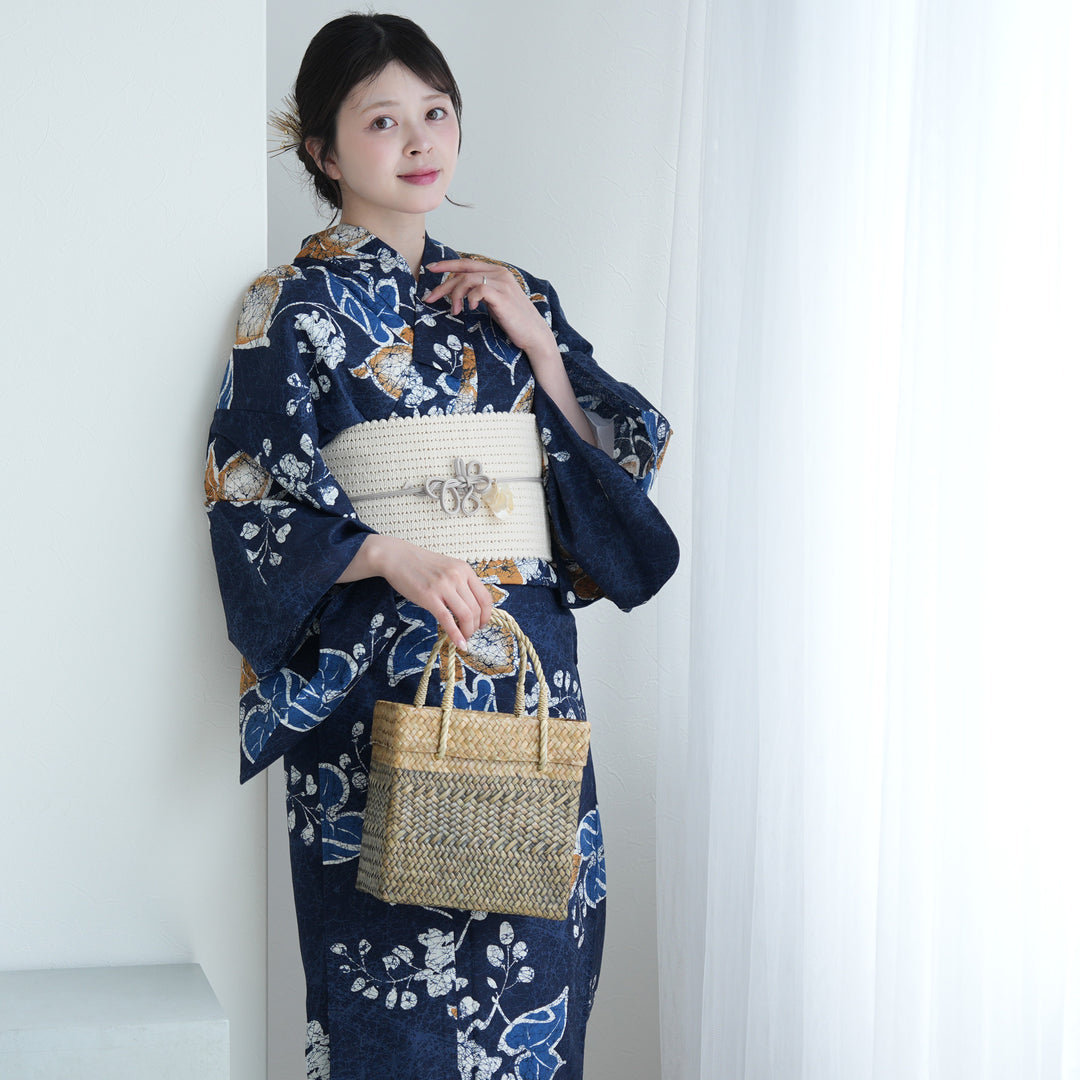 高級変わり織 浴衣3点セット（浴衣・帯・下駄）葡萄葉の月の雫