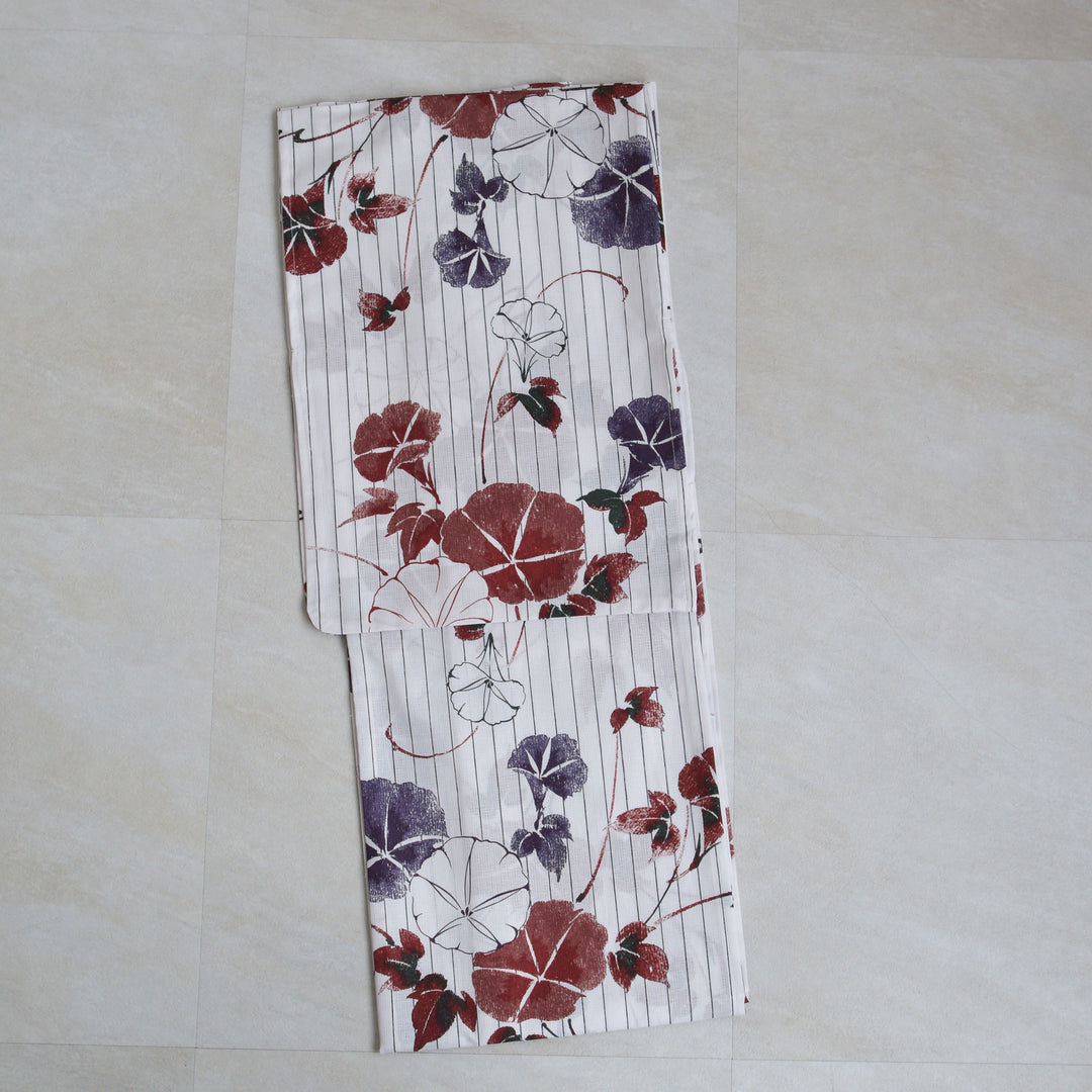 さぁ様❤️新品■変わり織染め分け×四季花大人浴衣，半幅帯，特別帯留め付４点セット utatane 高級変わり織 浴衣3点セット（浴衣・帯・下駄）夕凪色の雨縞