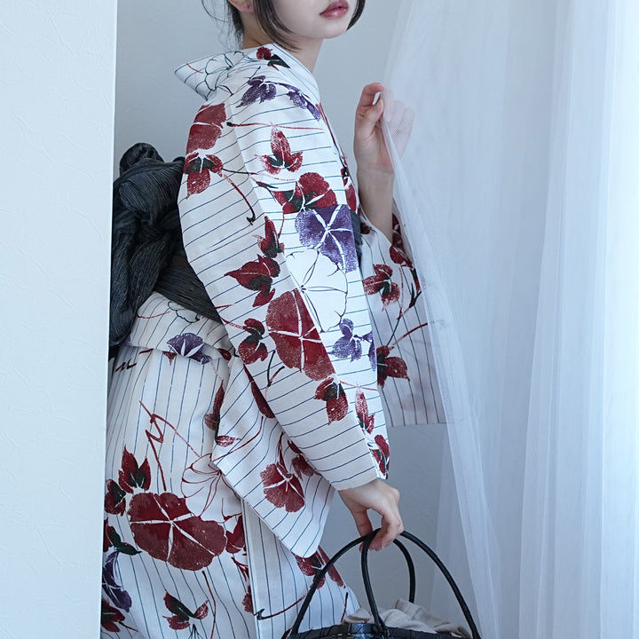 ☆にこ￼☆古風モダン＊朝顔と竹＊浴衣 utatane 高級変わり織 浴衣3点セット（浴衣・帯・下駄）夕凪色の雨縞