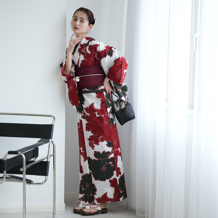 高級変わり織 浴衣3点セット（浴衣・帯・下駄）緋の記憶・大輪更紗】S