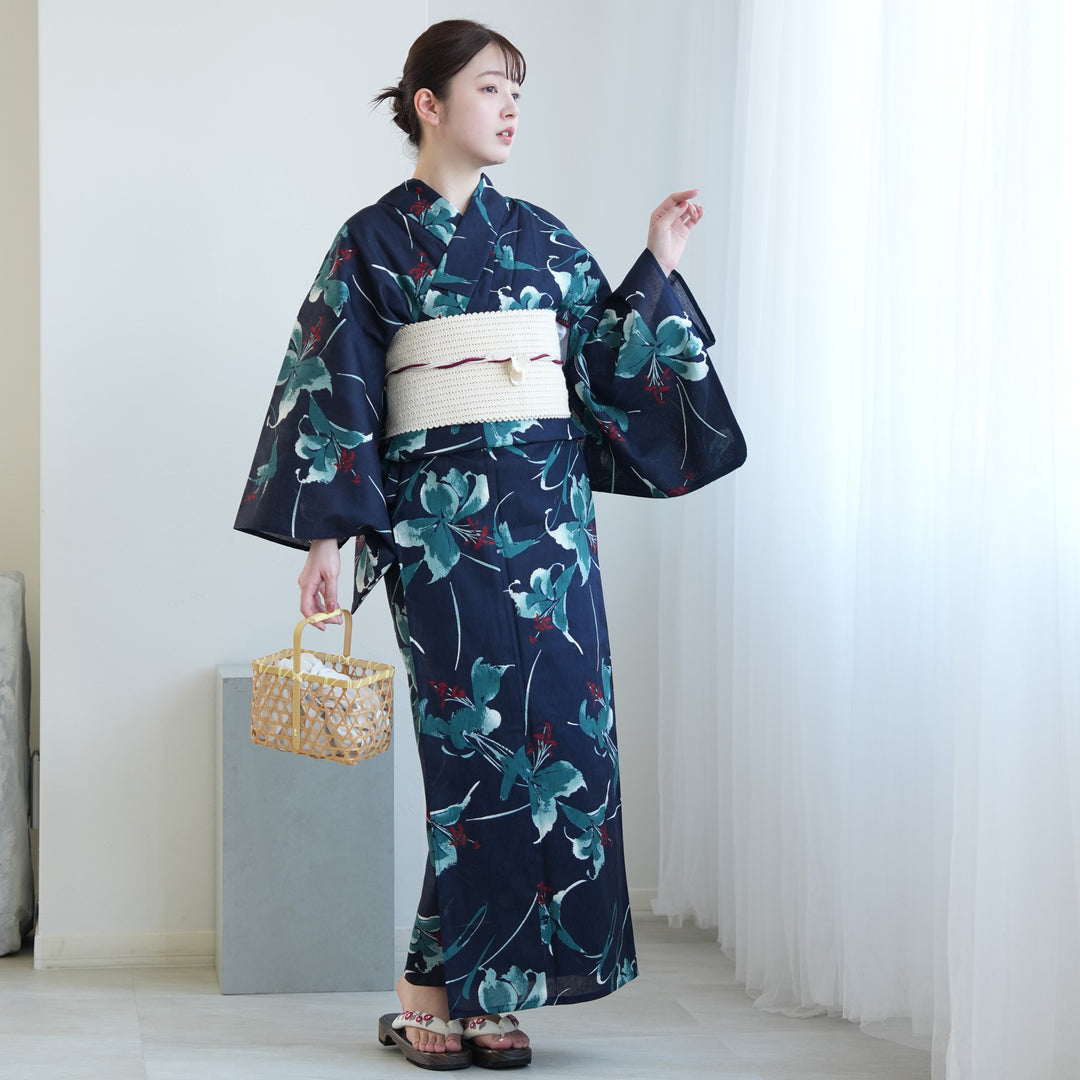 高級変わり織 浴衣3点セット（浴衣・帯・下駄）紺地にミントの百合