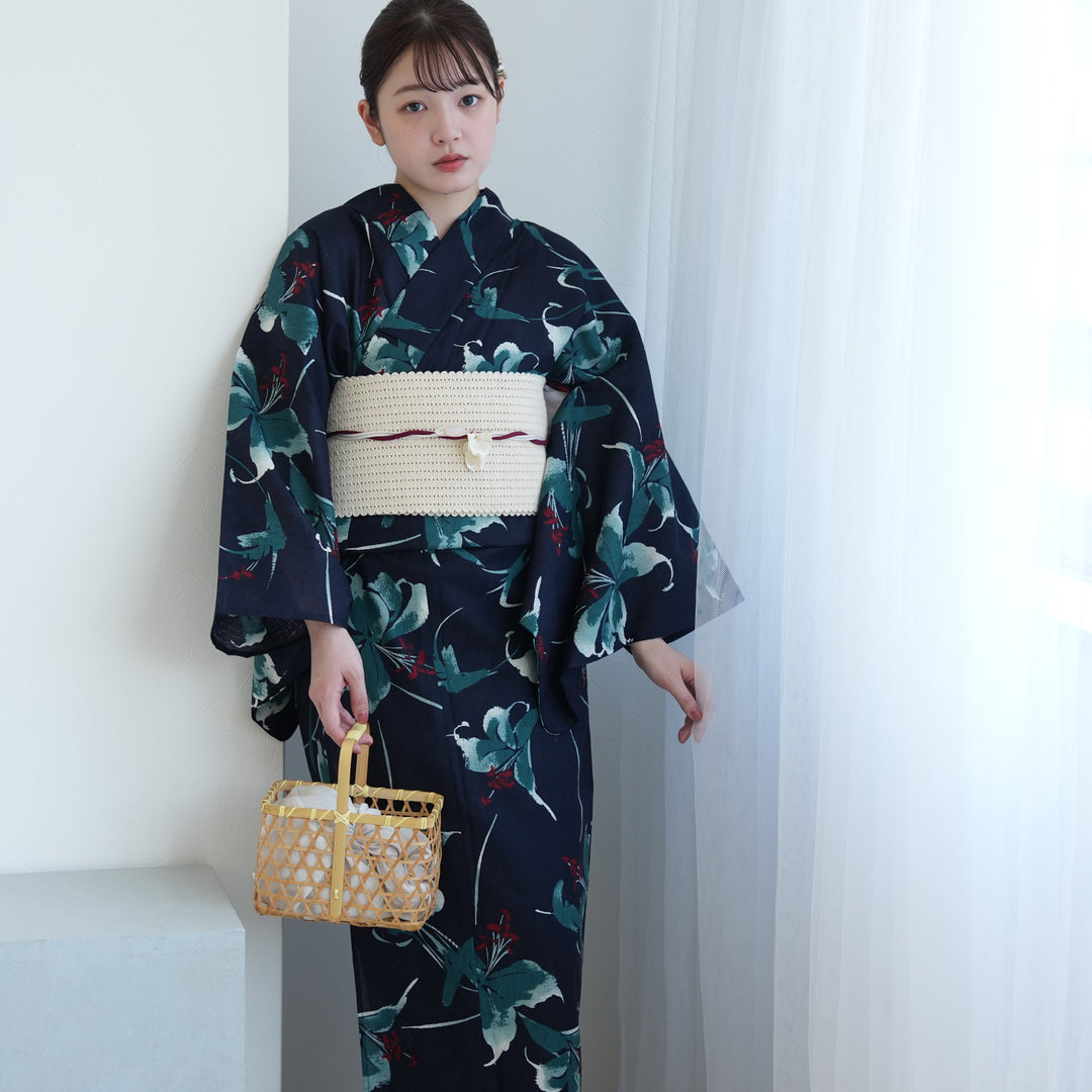 高級変わり織 浴衣3点セット（浴衣・帯・下駄）紺地にミントの百合
