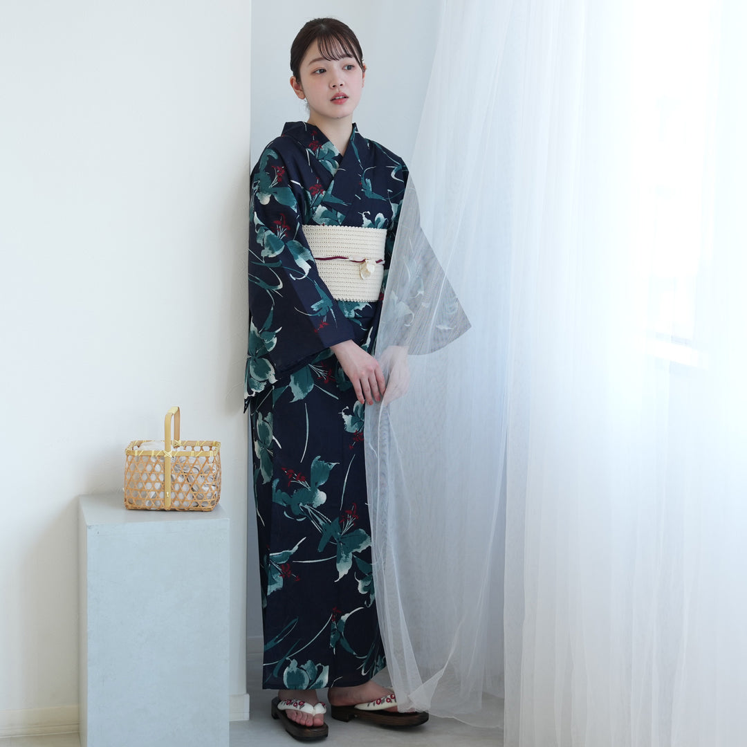 高級変わり織 浴衣3点セット（浴衣・帯・下駄）紺地にミントの百合