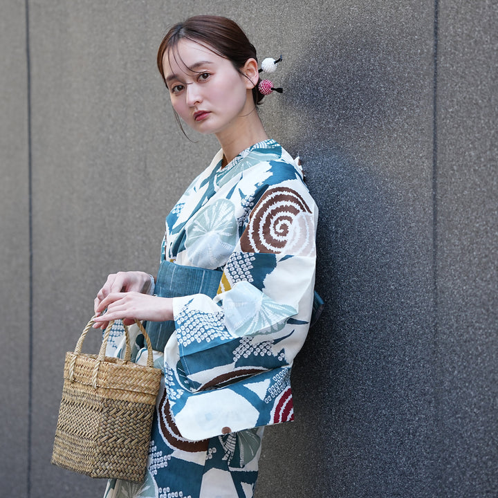 utatane 高級変わり織 浴衣3点セット（浴衣・帯・下駄）ターコイズ籠目
