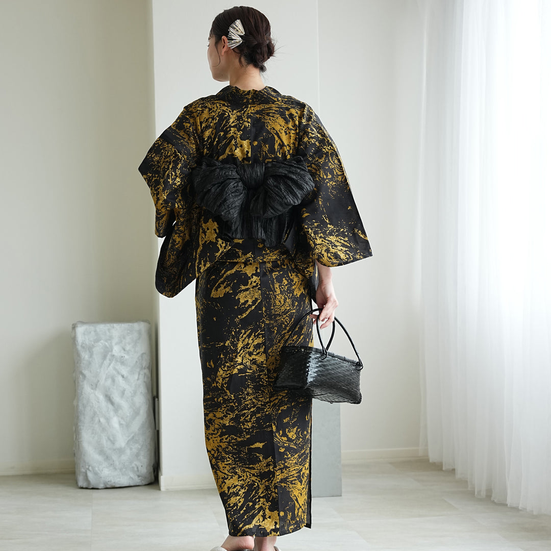 新品 新作 Utatane×ニコアンティーク 浴衣3点セット(帯・下駄) ニコアンティーク 浴衣3点セット（浴衣・帯・下駄）漆黒に金砂の墨流し