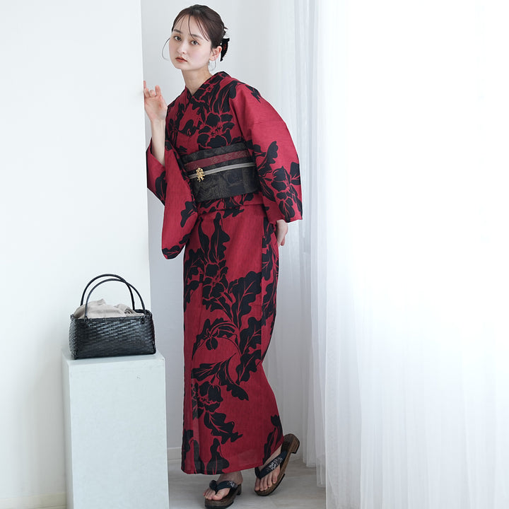 utatane 高級変わり織 浴衣3点セット（浴衣・帯・下駄）モダン赤に黒の