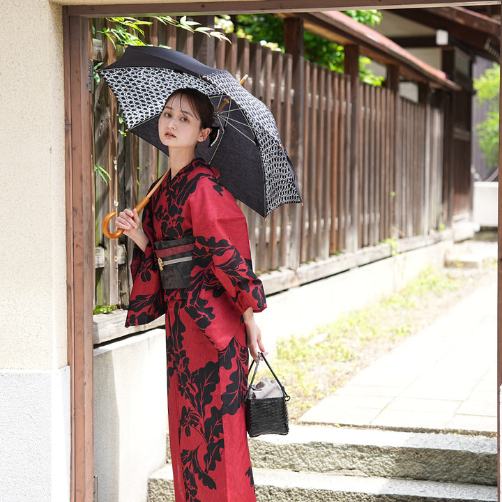 utatane 高級変わり織 浴衣3点セット（浴衣・帯・下駄）モダン赤に黒の