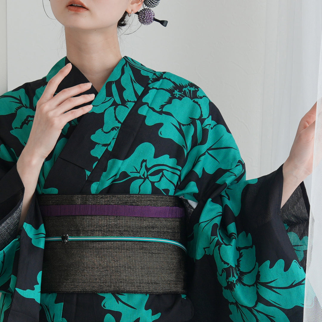 utatane 高級変わり織 浴衣3点セット（浴衣・帯・下駄）黒地に