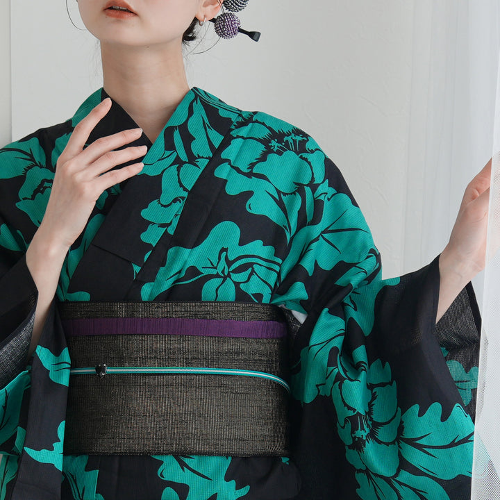 utatane 高級変わり織 浴衣3点セット（浴衣・帯・下駄）黒地に