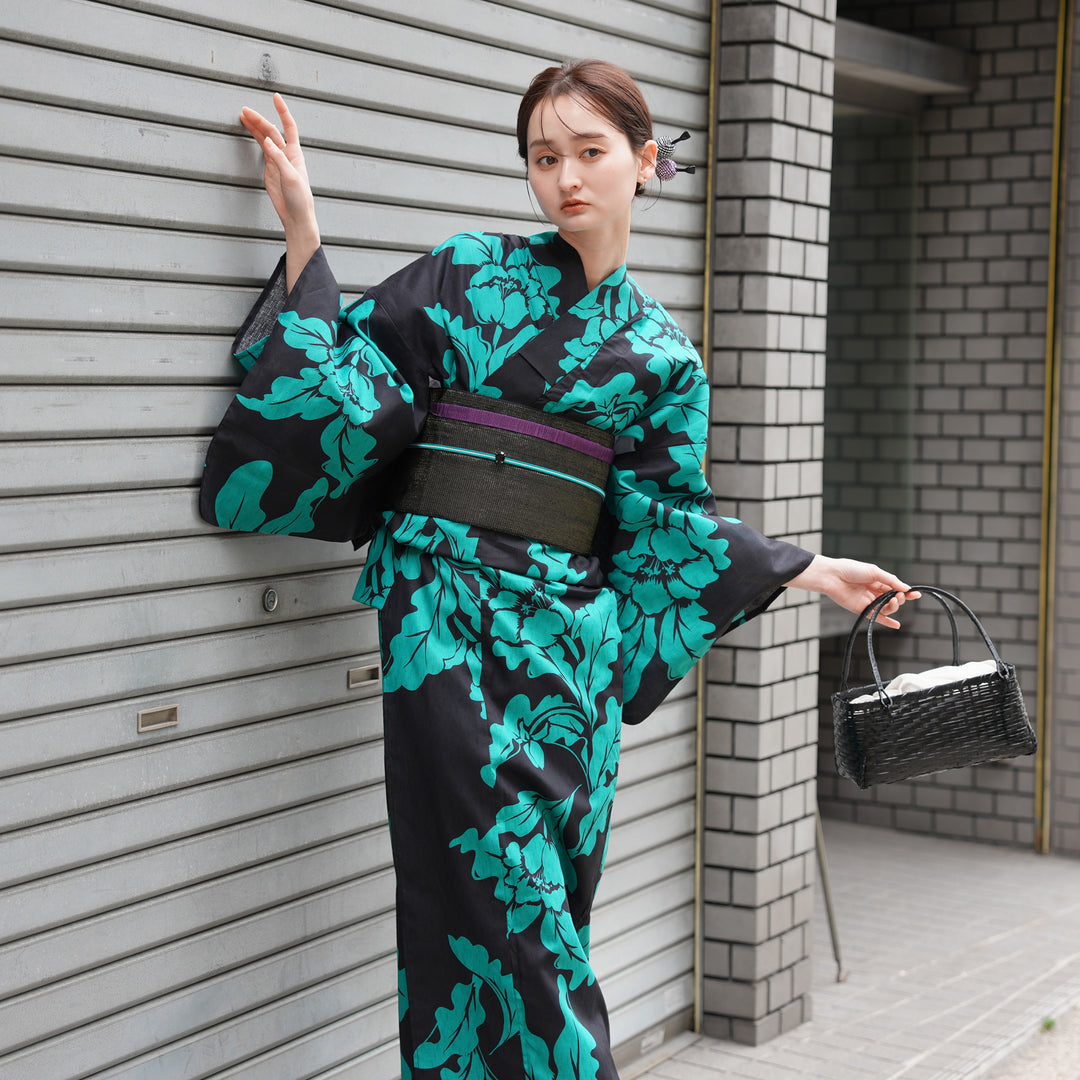 utatane 高級変わり織 浴衣3点セット（浴衣・帯・下駄）黒地に