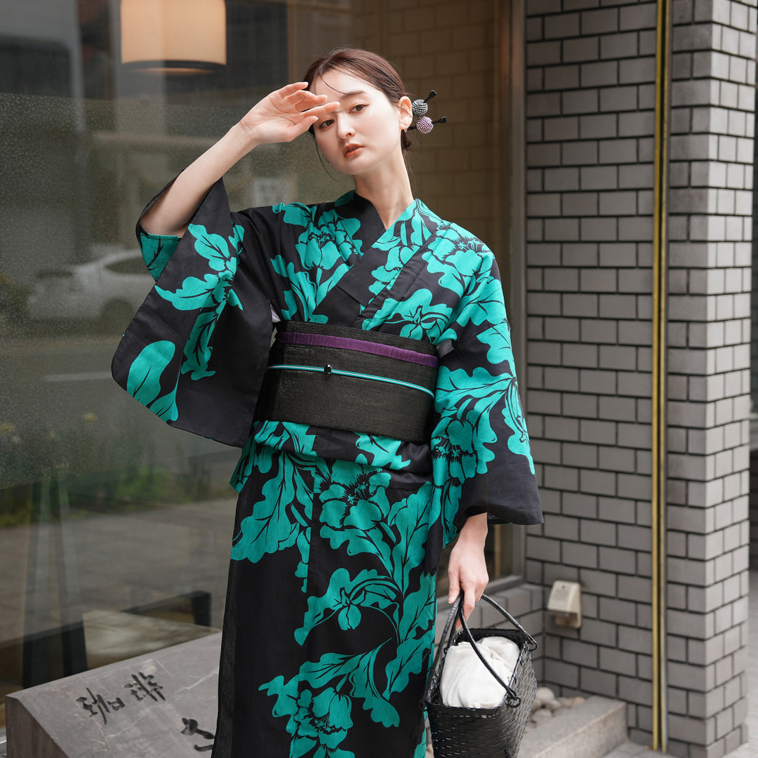utatane 高級変わり織 浴衣3点セット（浴衣・帯・下駄）黒地に