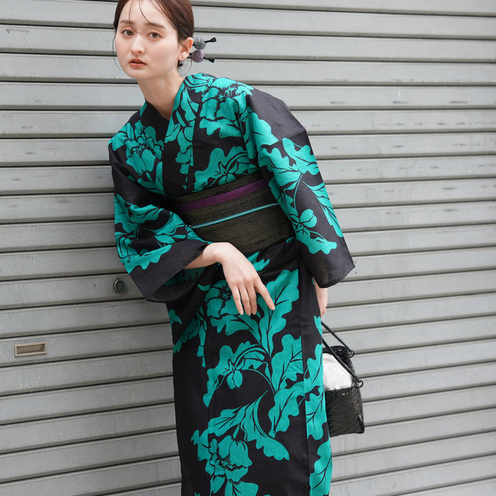 utatane 高級変わり織 浴衣3点セット（浴衣・帯・下駄）黒地に