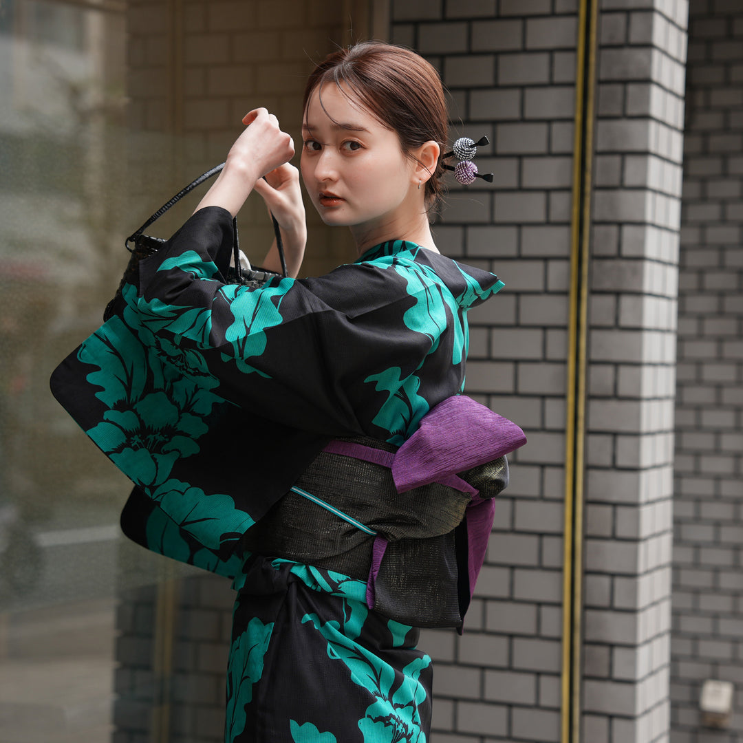 utatane 高級変わり織 浴衣3点セット（浴衣・帯・下駄）黒地に