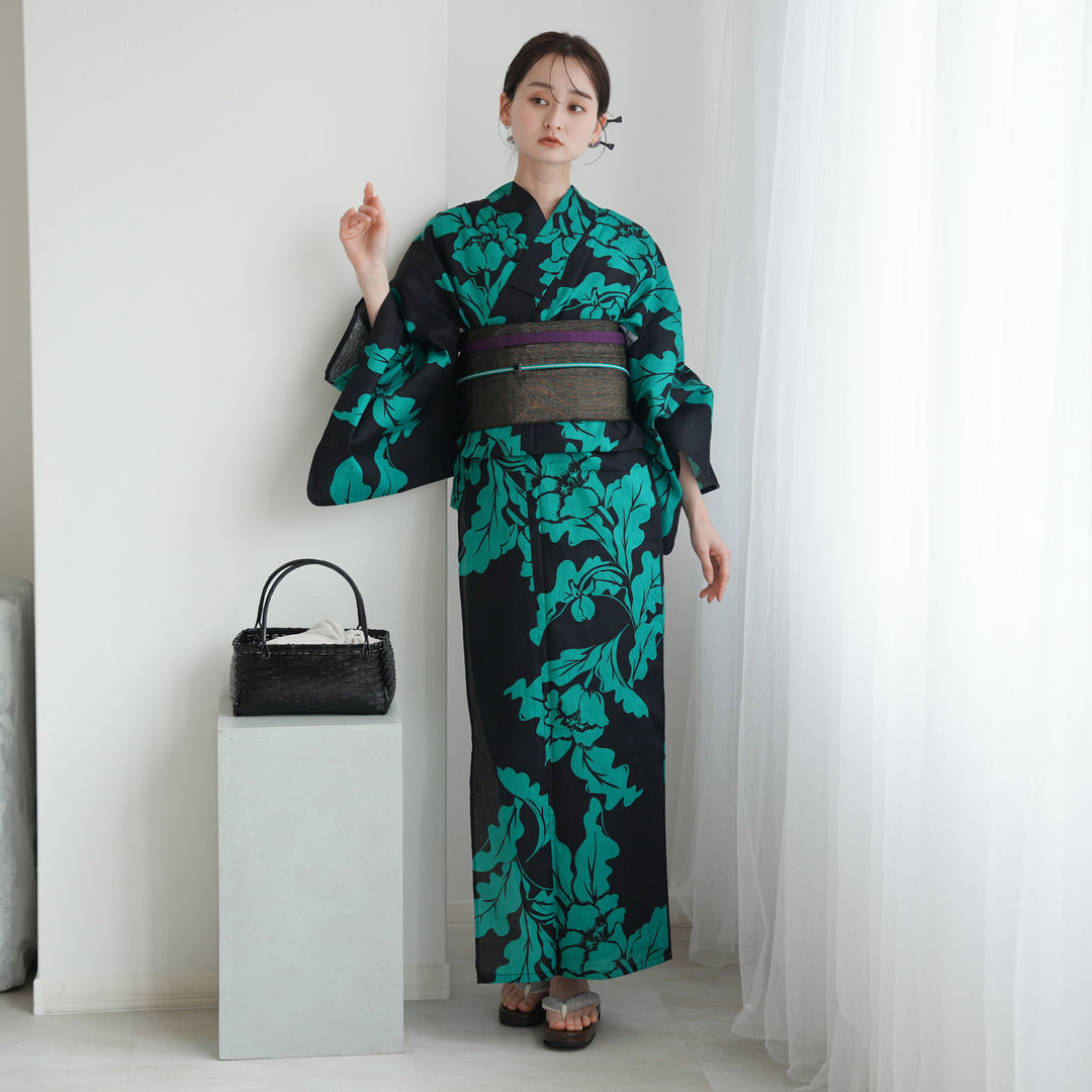 utatane 高級変わり織 浴衣3点セット（浴衣・帯・下駄）黒地に