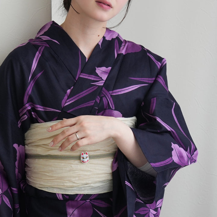 高級変わり織 浴衣3点セット（浴衣・帯・下駄）深紺に浮かぶ紫の
