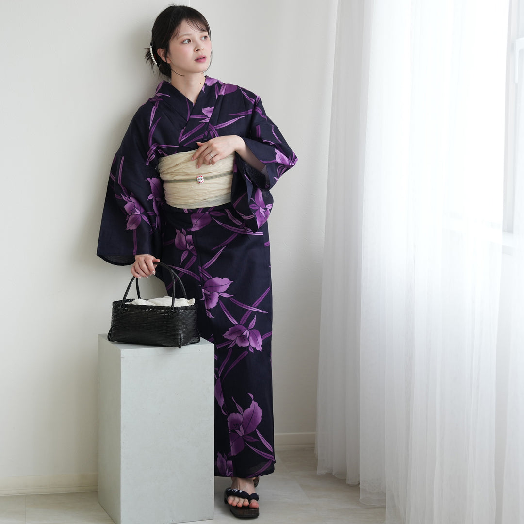 高級変わり織 浴衣3点セット（浴衣・帯・下駄）深紺に浮かぶ紫の