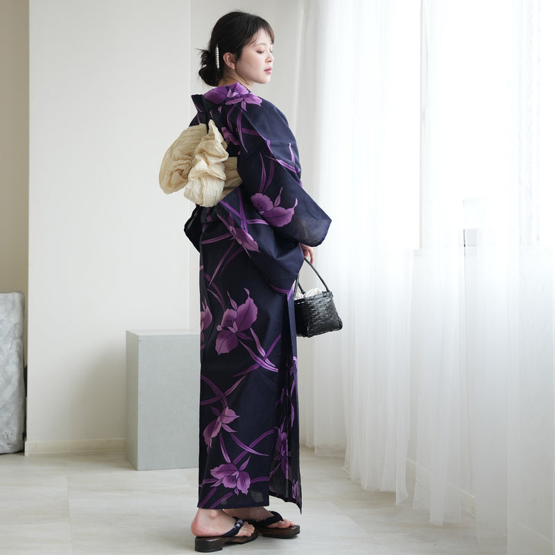 高級変わり織 浴衣3点セット（浴衣・帯・下駄）深紺に浮かぶ紫の