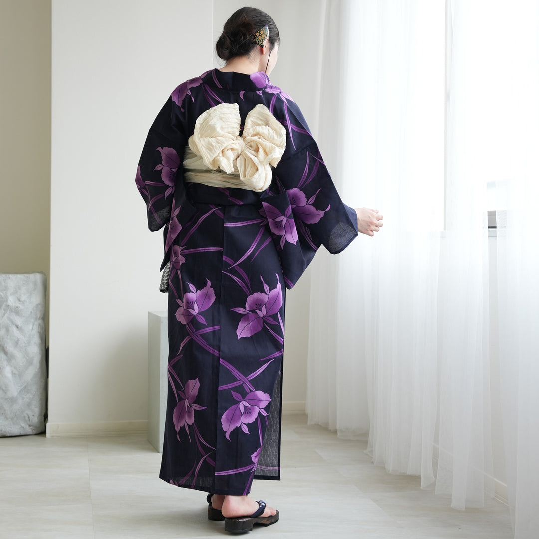 高級変わり織 浴衣3点セット（浴衣・帯・下駄）深紺に浮かぶ紫の