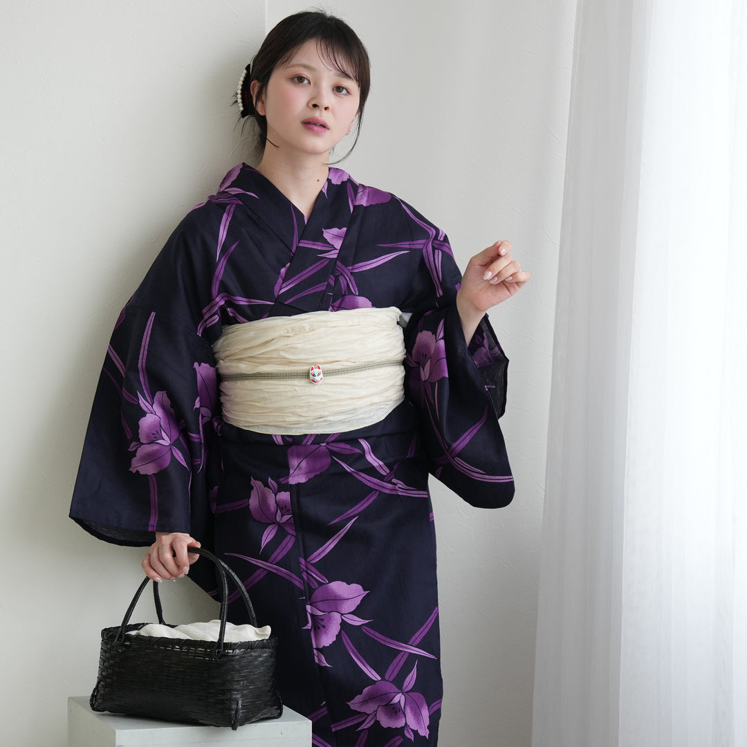 高級変わり織 浴衣3点セット（浴衣・帯・下駄）深紺に浮かぶ紫の