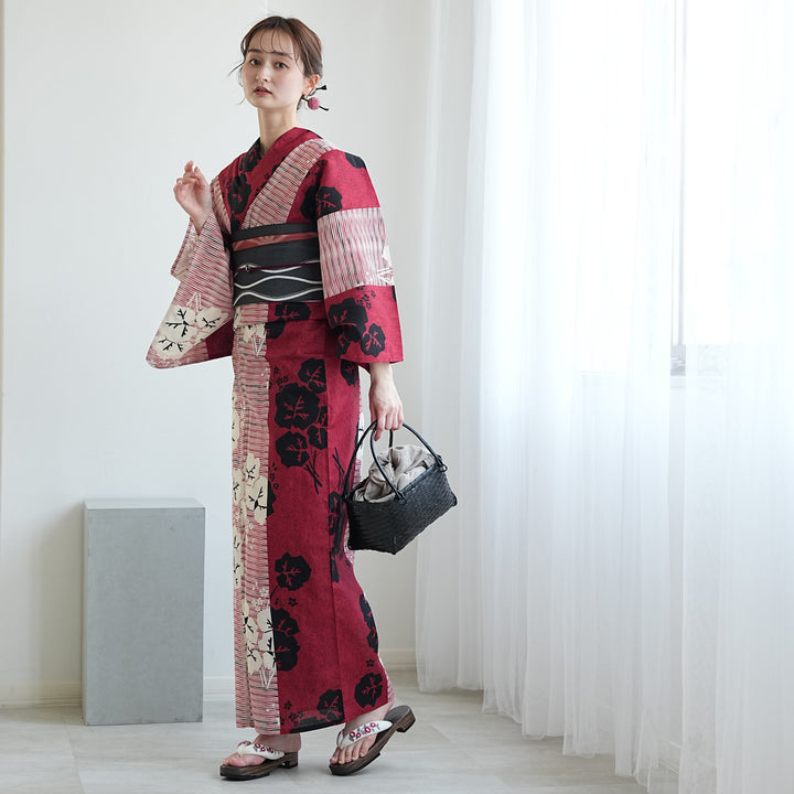 utatane 浴衣 11点セット utatane 高級変わり織 浴衣3点セット（浴衣・帯・下駄）赤と黒の縞々