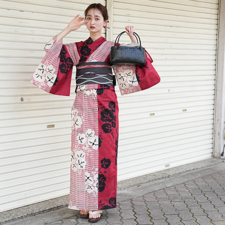 utatane 高級変わり織 浴衣3点セット（浴衣・帯・下駄）赤と黒の縞々