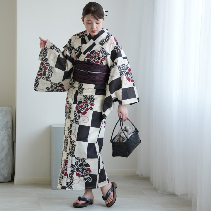 utatane 高級変わり織 浴衣3点セット（浴衣・帯・下駄）モノクロ麻の葉