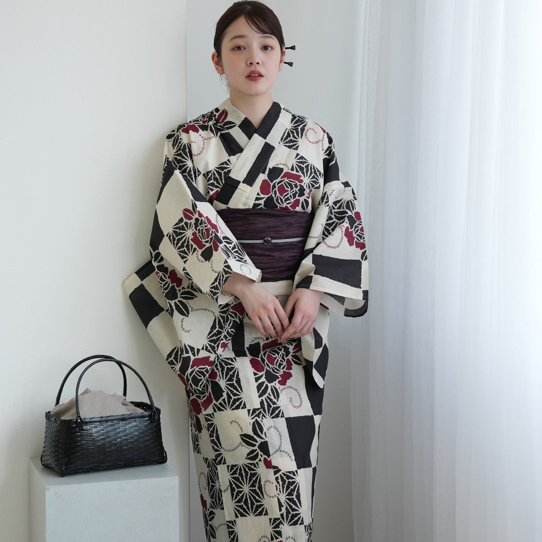 utatane 高級変わり織 浴衣3点セット（浴衣・帯・下駄）モノクロ麻の葉