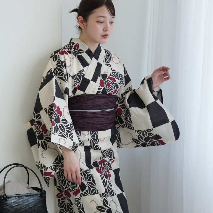 utatane 浴衣3点セット 綿麻 モノクロ点描麻の葉 utatane 高級変わり織 浴衣3点セット（浴衣・帯・下駄）モノクロ麻の葉