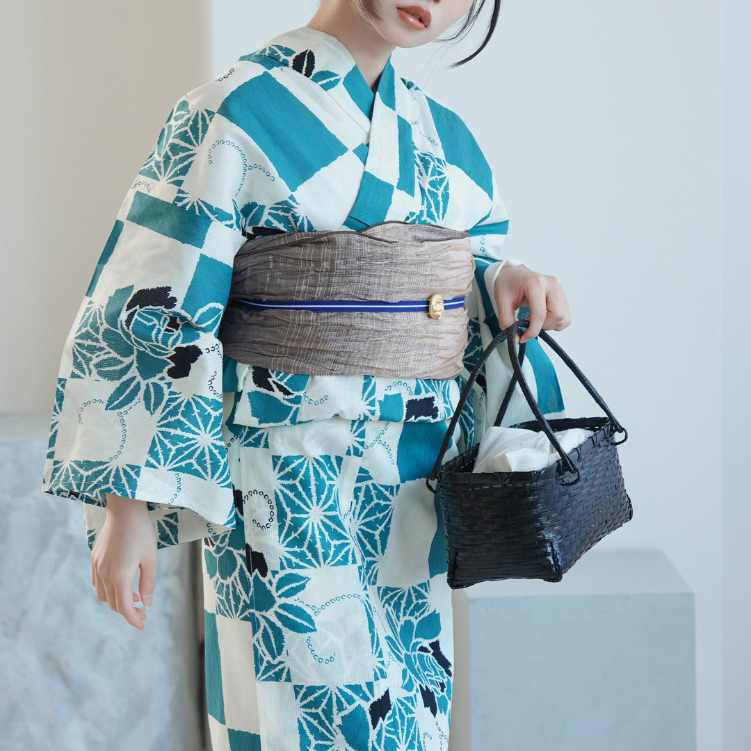 utatane 高級変わり織 浴衣3点セット（浴衣・帯・下駄）ミント麻の葉