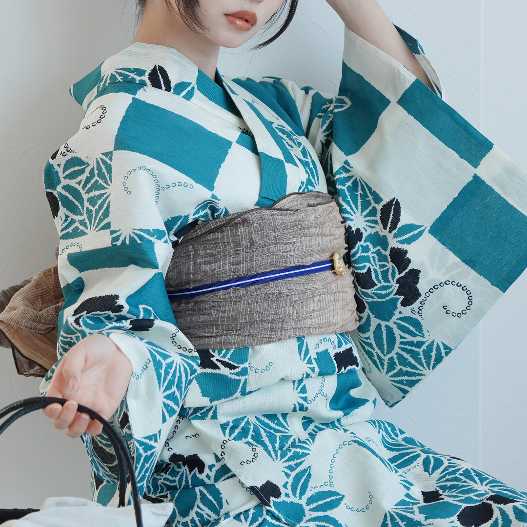 utatane 高級変わり織 浴衣3点セット（浴衣・帯・下駄）ミント麻の葉