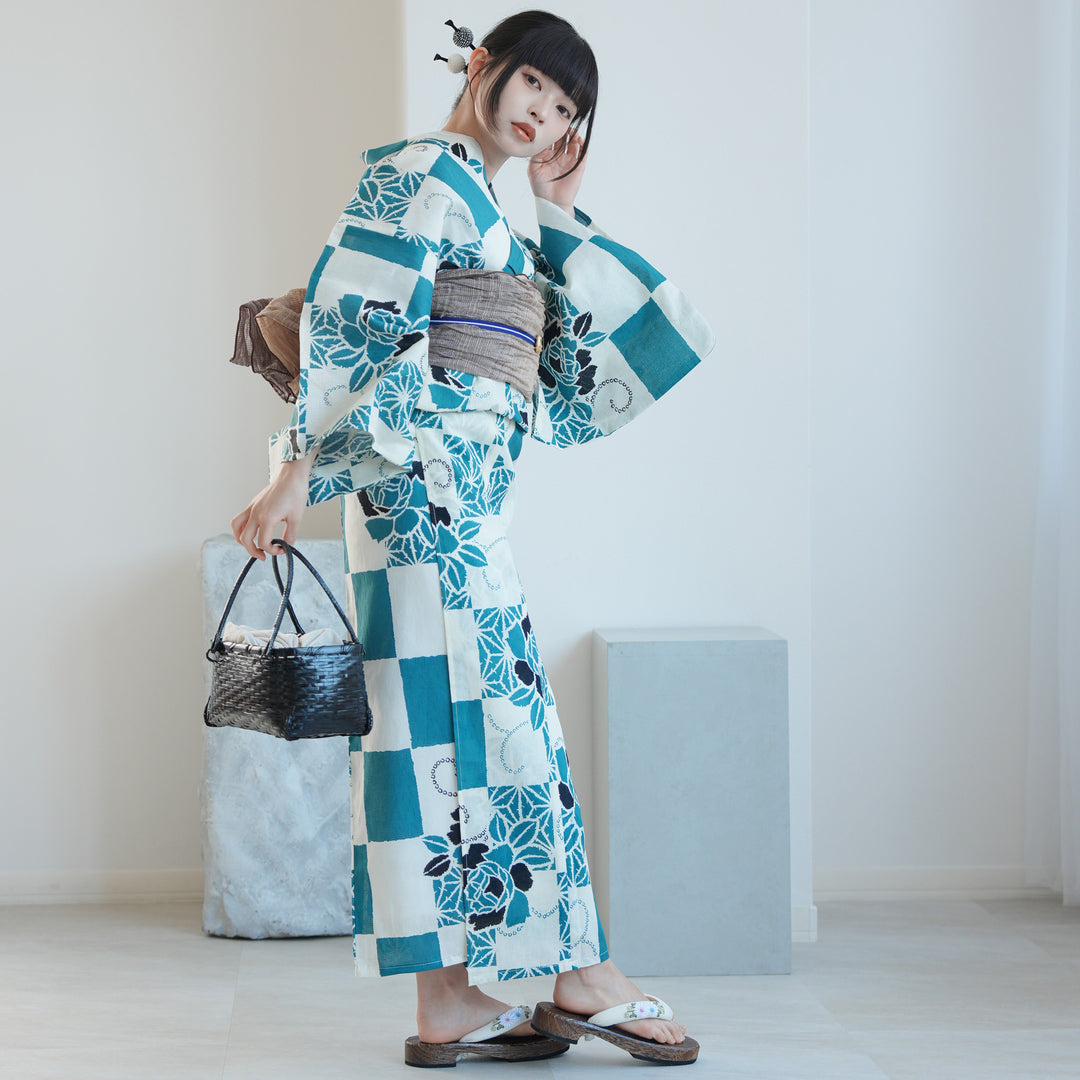 utatane 高級変わり織 浴衣3点セット（浴衣・帯・下駄）ミント麻の葉